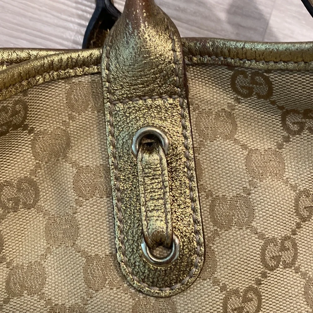 Gucci Princy GG Monogram Gold Canvas Leather Tote Cute Bow Damaged (Authentic) - Picture 5 of 14